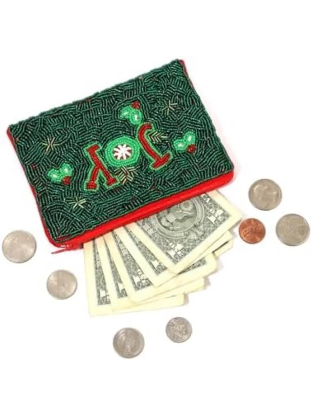 Handmade Christmas Coin Purse - Beaded Holly Jolly Wallet for Women, Zipper